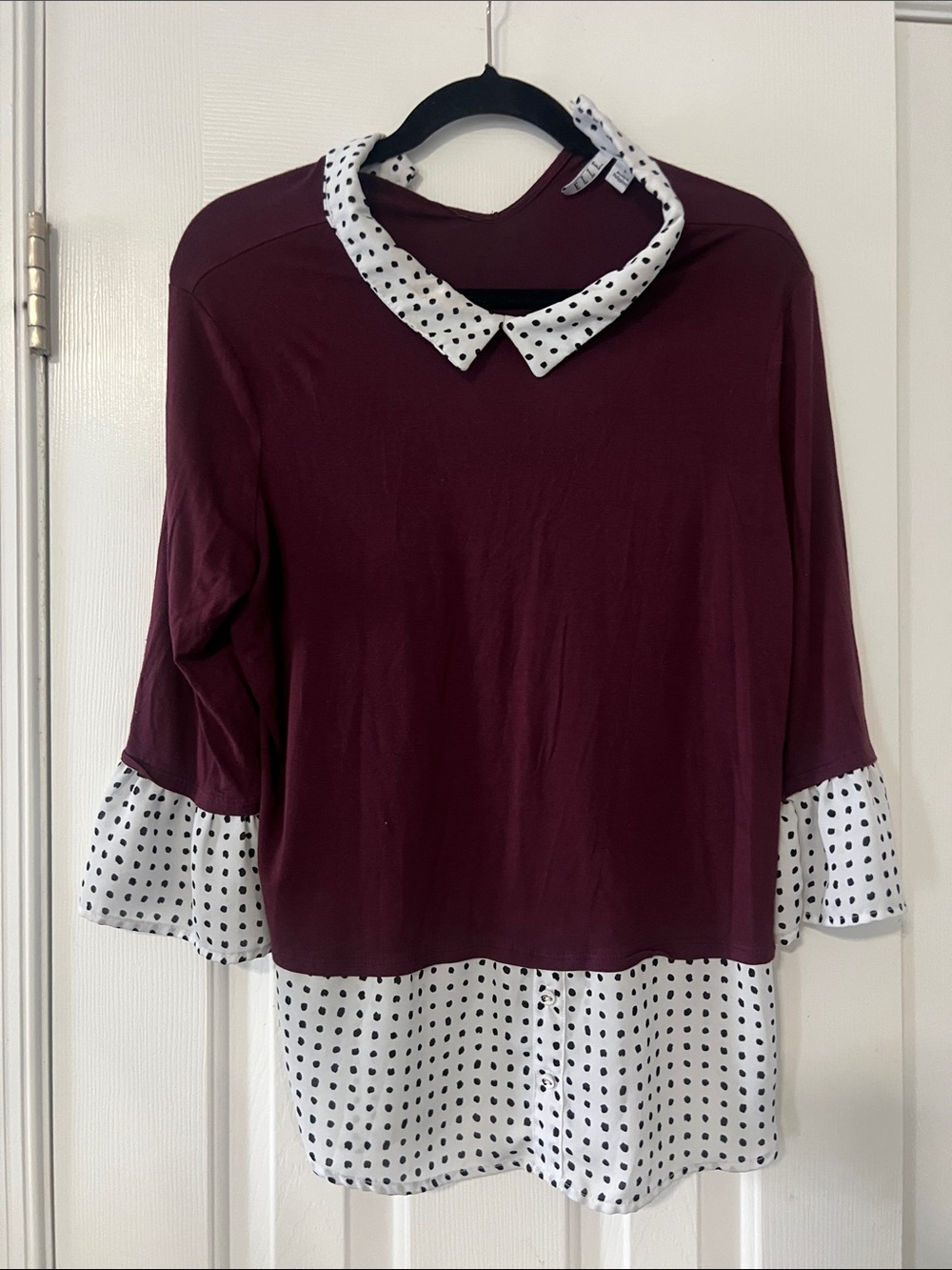 Elle Burgundy Top with White Polka Dot Collar and Hem
